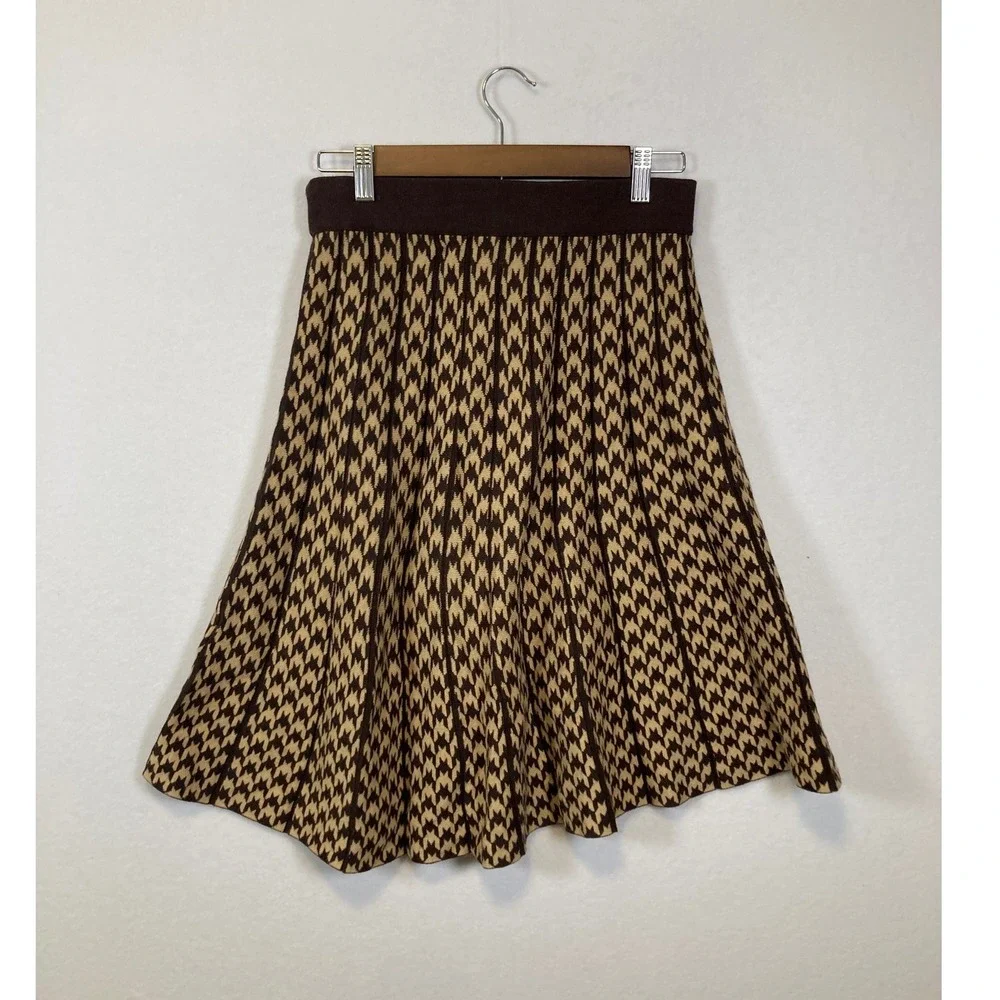 Chadwicks‎ of Boston Houndstooth Pleated Knit Skirt Women Petite Small Brown Tan